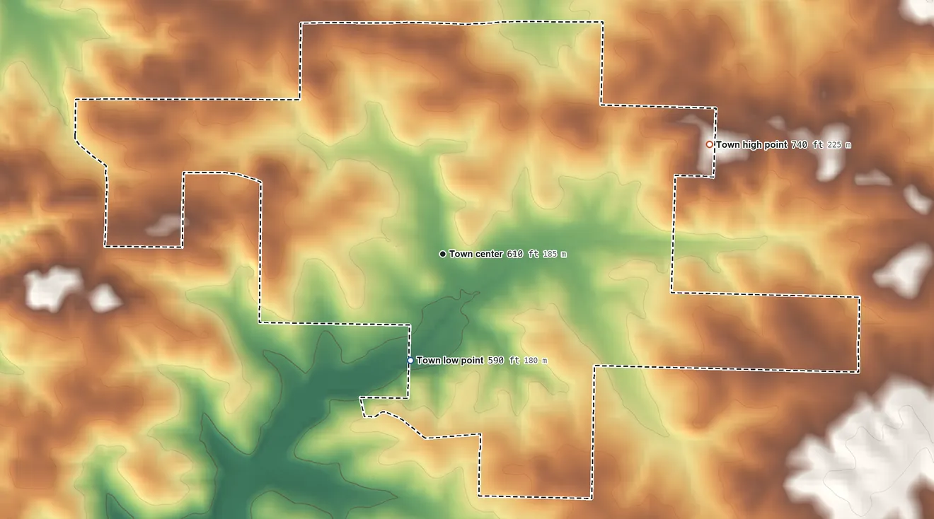 Topographic elevation map of Sidney, Arkansas, shaded from 590 ft on the south side to 740 ft on the east side