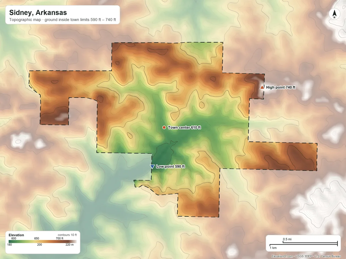 Topographic elevation map of Sidney, Arkansas, shaded from 590 ft on the south side to 740 ft on the east side