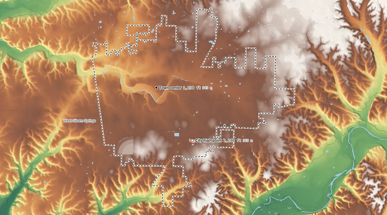 Topographic elevation map of Siloam Springs, Arkansas, shaded from 930 ft on the south side to 1,200 ft on the southeast side