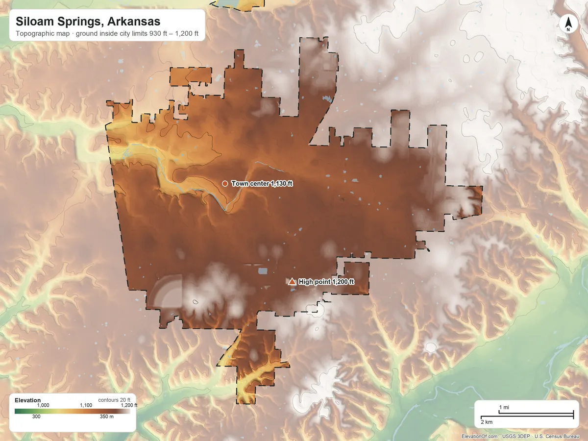 Topographic elevation map of Siloam Springs, Arkansas, shaded from 930 ft on the south side to 1,200 ft on the southeast side