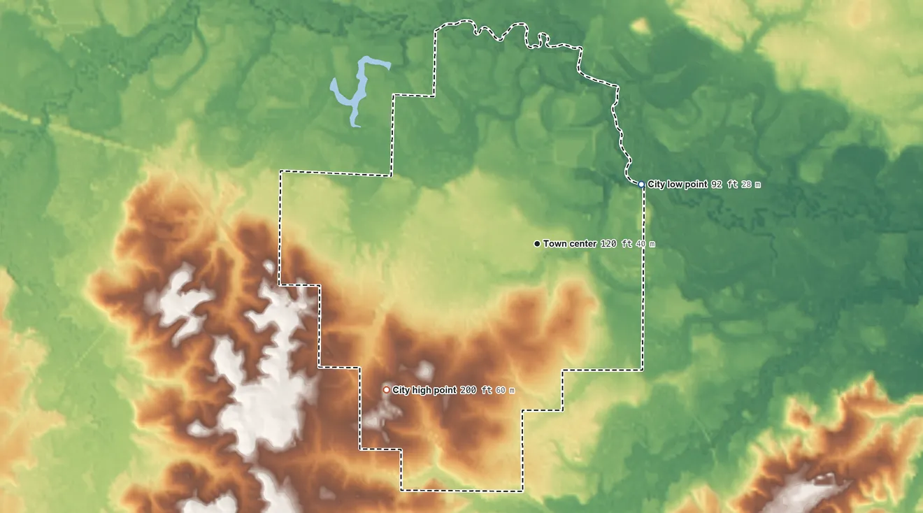 Topographic elevation map of Smackover, Arkansas, shaded from 92 ft on the northeast side to 200 ft on the southwest side