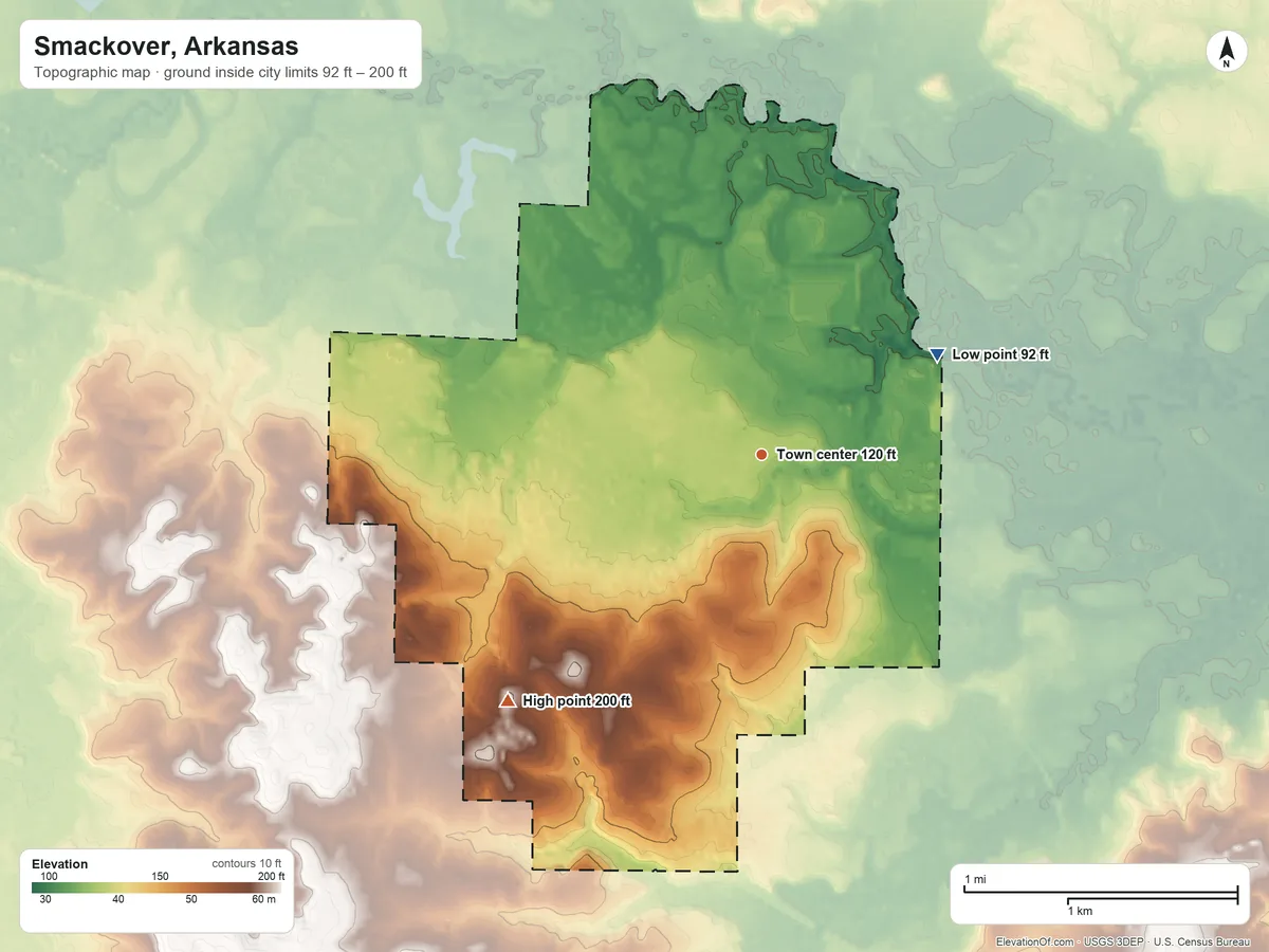Topographic elevation map of Smackover, Arkansas, shaded from 92 ft on the northeast side to 200 ft on the southwest side