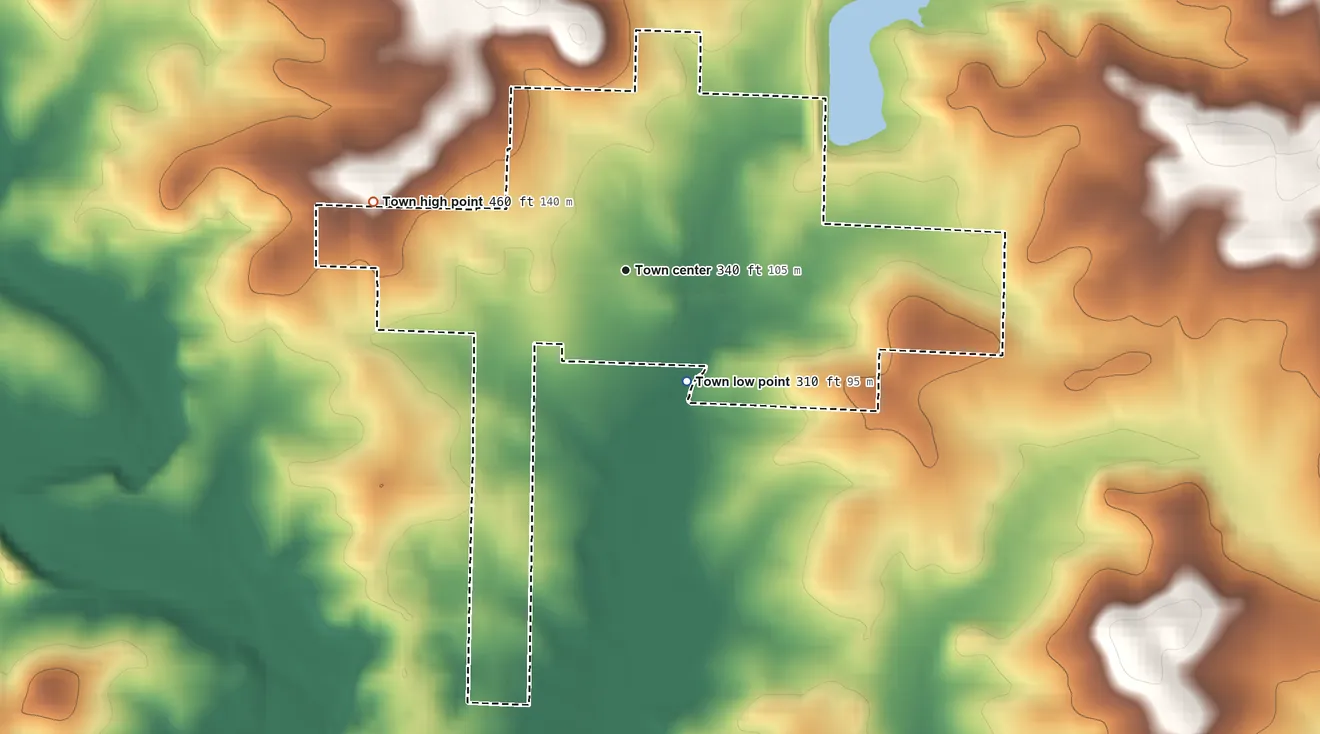 Topographic elevation map of Smithville, Arkansas, shaded from 310 ft on the southeast side to 460 ft on the west side