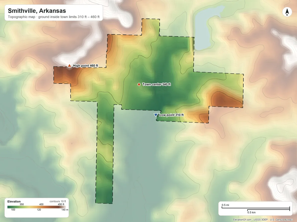 Topographic elevation map of Smithville, Arkansas, shaded from 310 ft on the southeast side to 460 ft on the west side