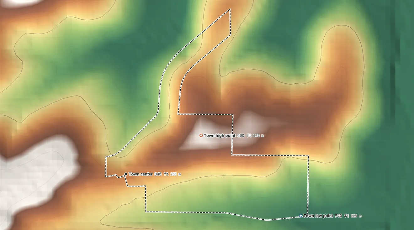 Topographic elevation map of South Lead Hill, Arkansas, shaded from 740 ft on the east side to 900 ft on the northeast side