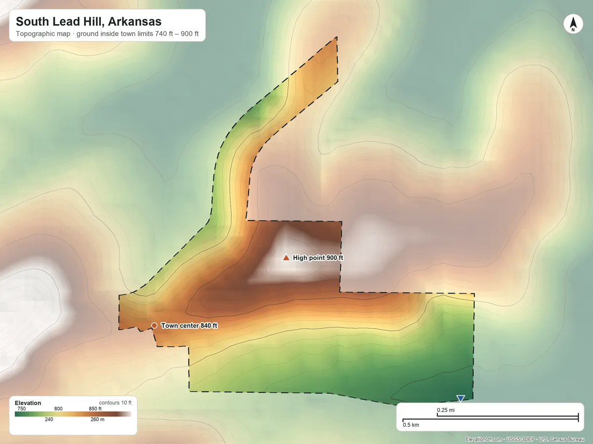 Topographic elevation map of South Lead Hill, Arkansas, shaded from 740 ft on the east side to 900 ft on the northeast side