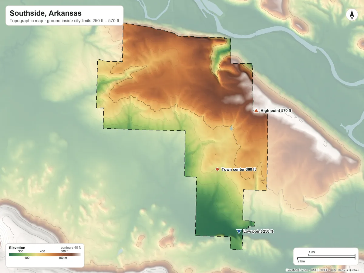 Topographic elevation map of Southside, Arkansas, shaded from 250 ft on the south side to 570 ft on the northeast side