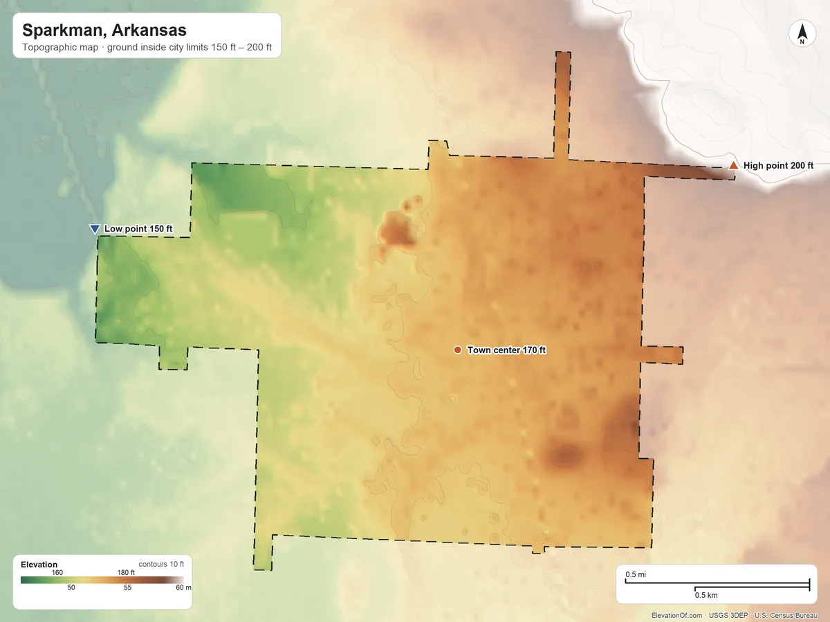 Topographic elevation map of Sparkman, Arkansas, shaded from 150 ft on the west side to 200 ft on the northeast side
