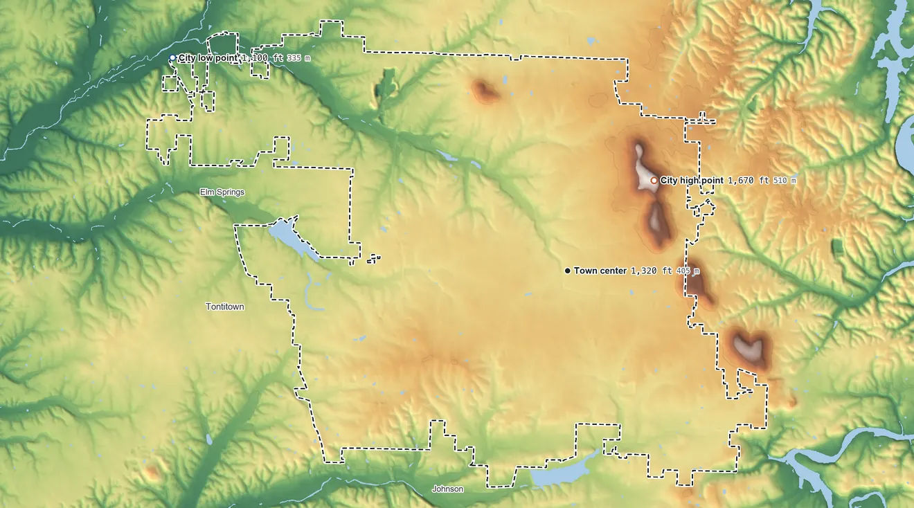 Topographic elevation map of Springdale, Arkansas, shaded from 1,100 ft on the northwest side to 1,670 ft on Fitzgerald Mountain
