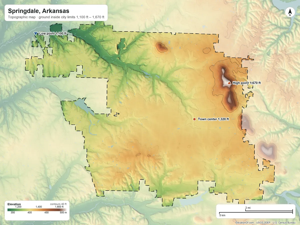 Topographic elevation map of Springdale, Arkansas, shaded from 1,100 ft on the northwest side to 1,670 ft on Fitzgerald Mountain