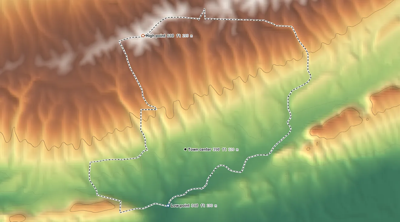 Topographic elevation map of Springfield, Arkansas, shaded from 340 ft on the south side to 680 ft on the north side