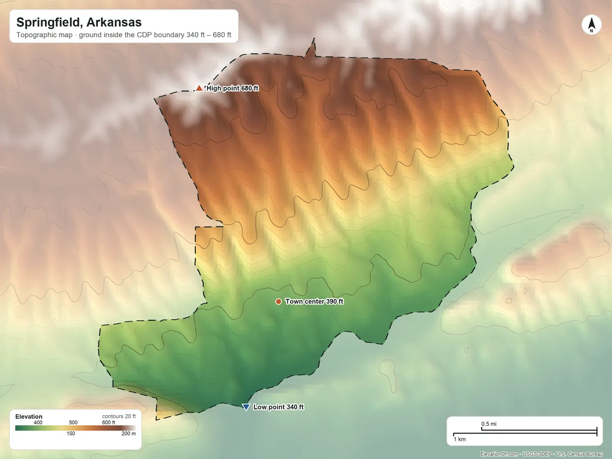 Topographic elevation map of Springfield, Arkansas, shaded from 340 ft on the south side to 680 ft on the north side