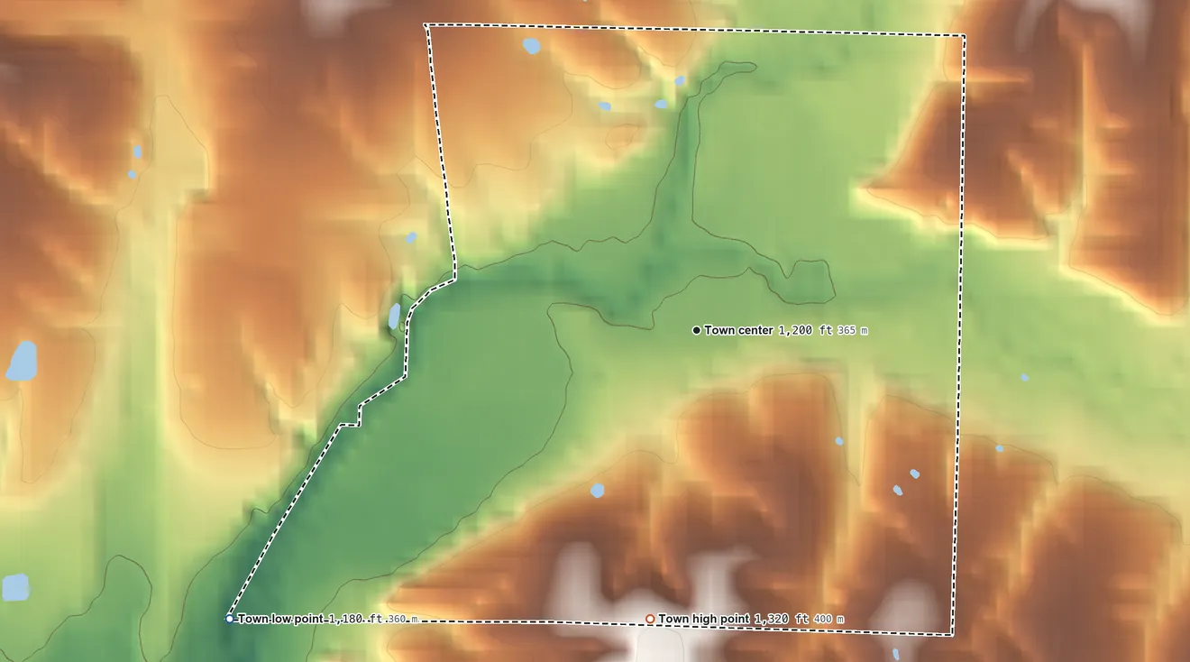 Topographic elevation map of Springtown, Arkansas, shaded from 1,180 ft on the southwest side to 1,320 ft on the south side