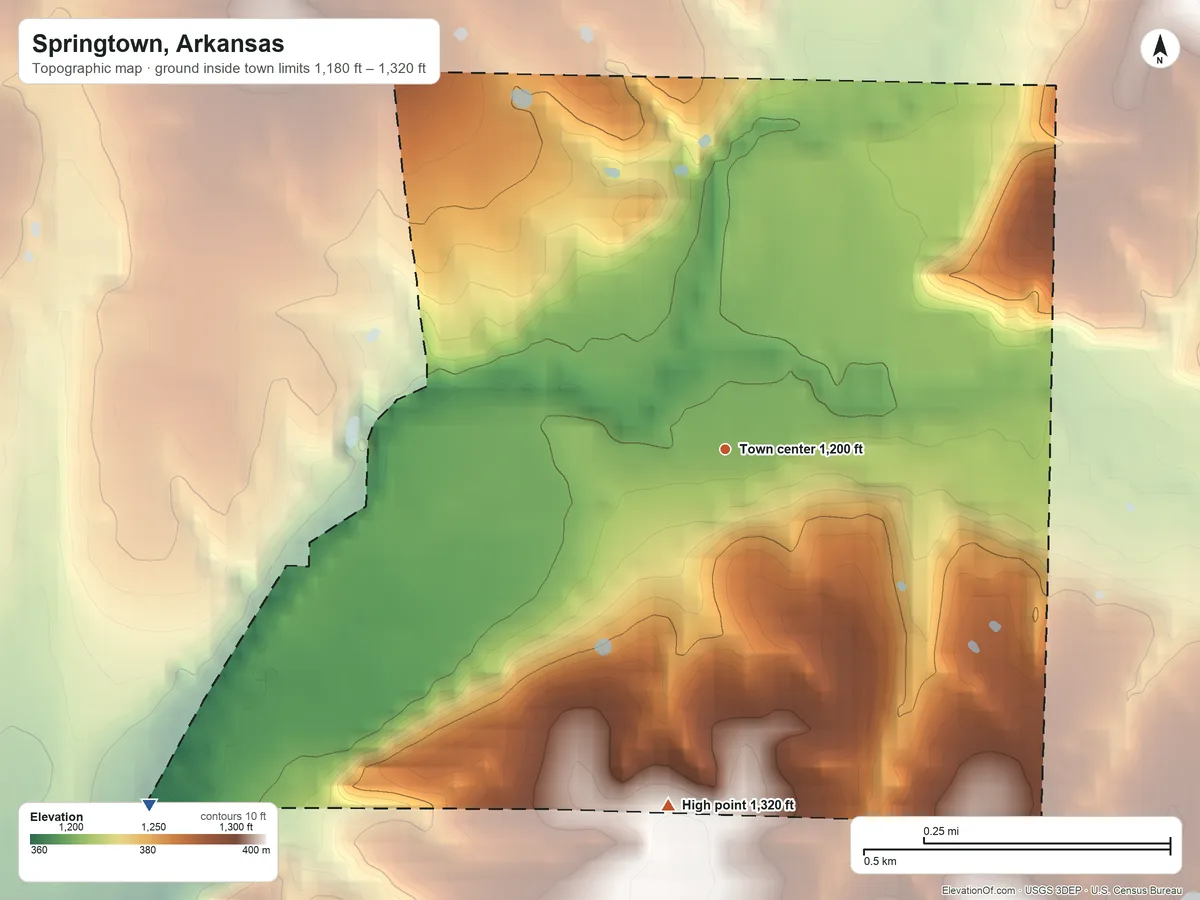 Topographic elevation map of Springtown, Arkansas, shaded from 1,180 ft on the southwest side to 1,320 ft on the south side