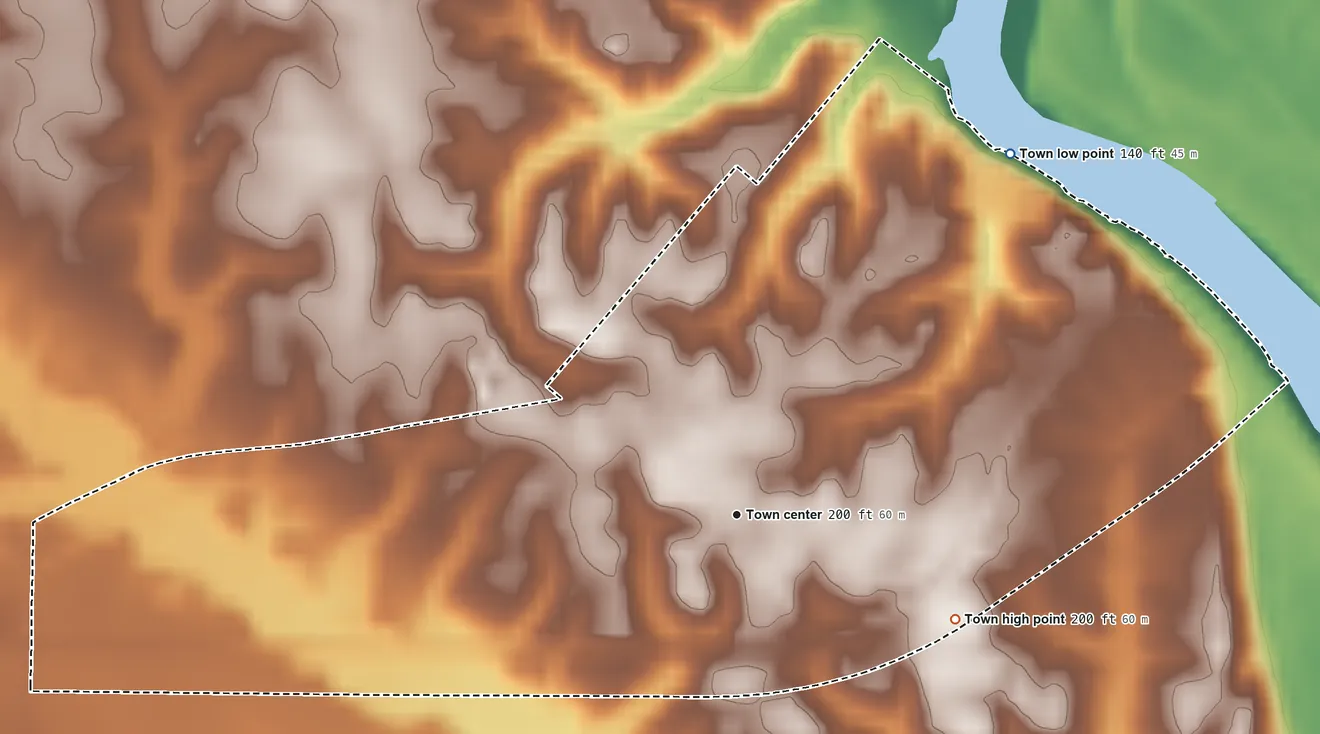 Topographic elevation map of St. Charles, Arkansas, shaded from 140 ft on the northeast side to 200 ft on the southeast side
