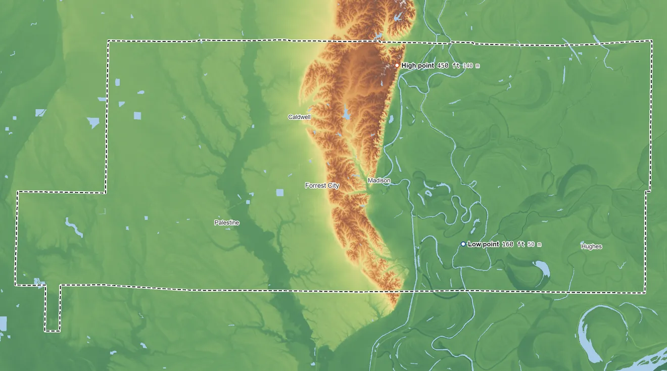 Topographic elevation map of St. Francis County, Arkansas, shaded from 160 ft on the southeast side to 450 ft on the northeast side