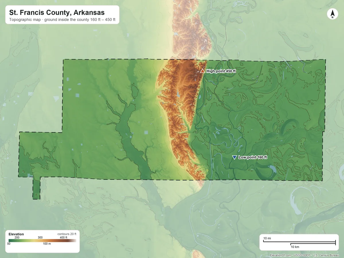 Topographic elevation map of St. Francis County, Arkansas, shaded from 160 ft on the southeast side to 450 ft on the northeast side