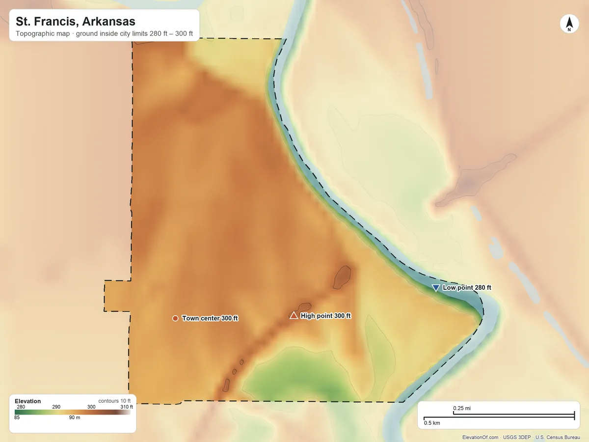 Topographic elevation map of St. Francis, Arkansas, shaded from 280 ft on the east side to 300 ft on the east side