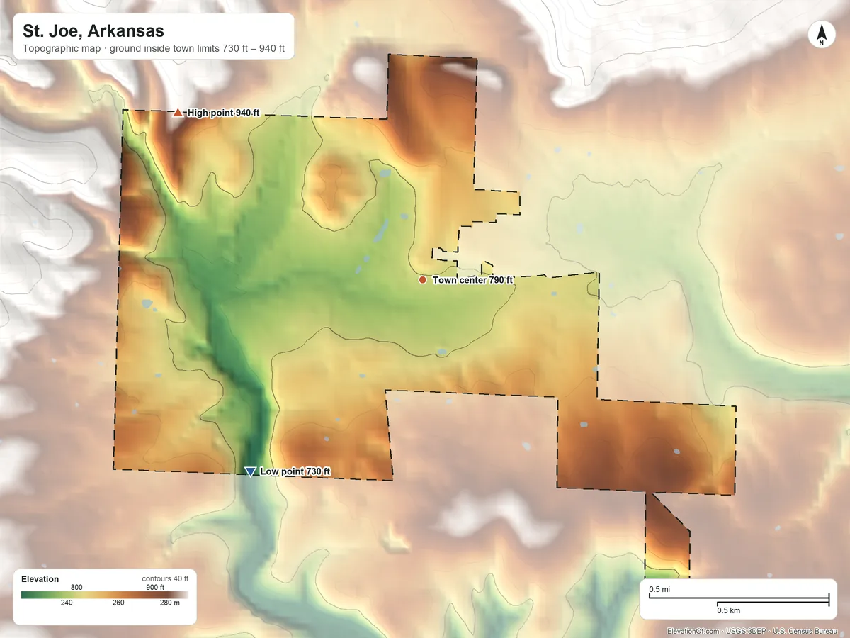 Topographic elevation map of St. Joe, Arkansas, shaded from 730 ft on the southwest side to 940 ft at the foot of the Cane Branch Hills