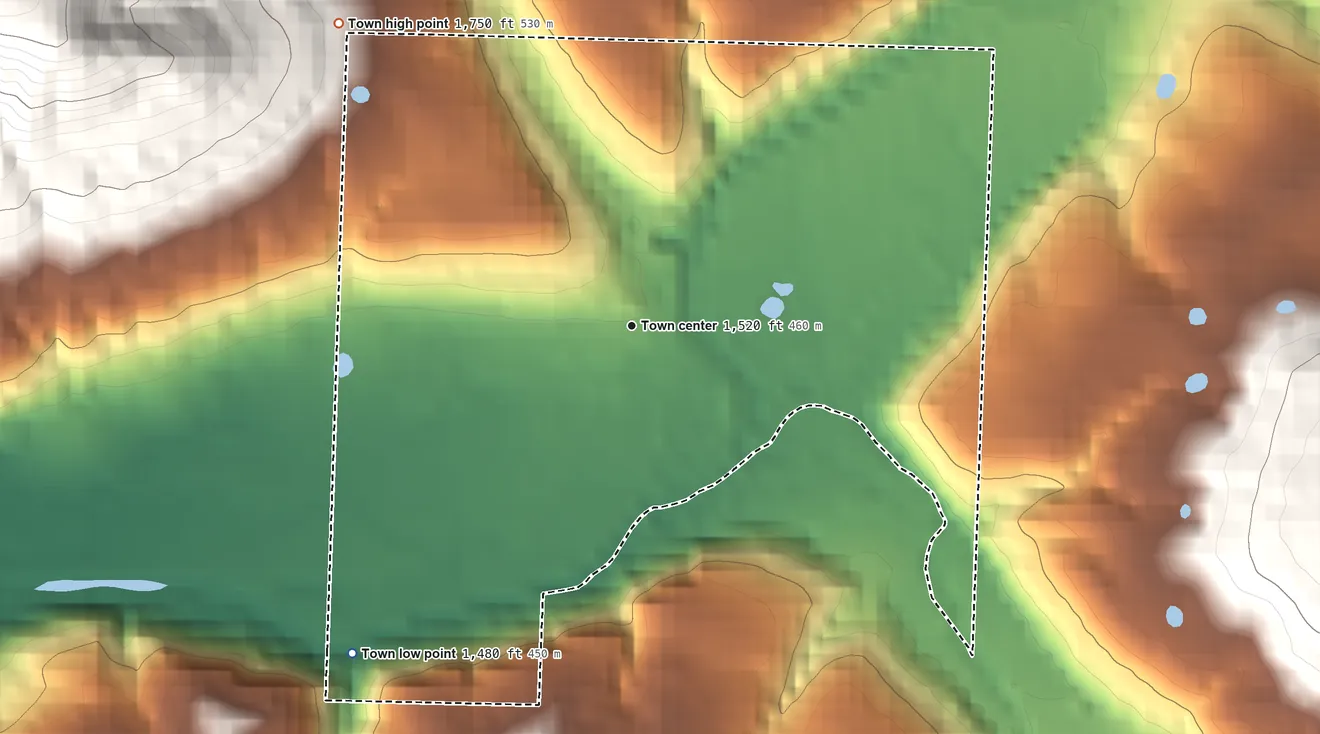 Topographic elevation map of St. Paul, Arkansas, shaded from 1,480 ft on the southwest side to 1,750 ft on the northwest edge, below higher ground just outside