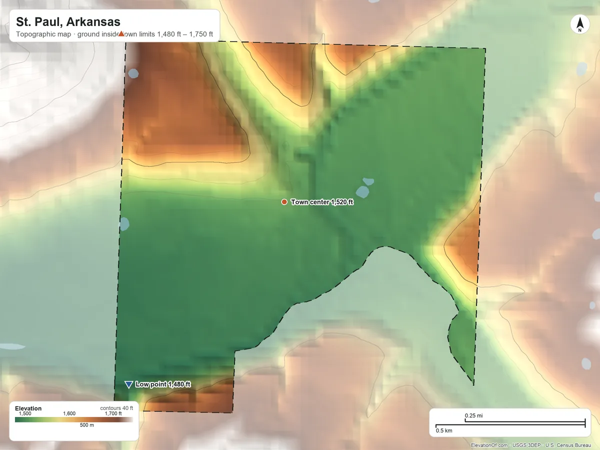 Topographic elevation map of St. Paul, Arkansas, shaded from 1,480 ft on the southwest side to 1,750 ft on the northwest edge, below higher ground just outside