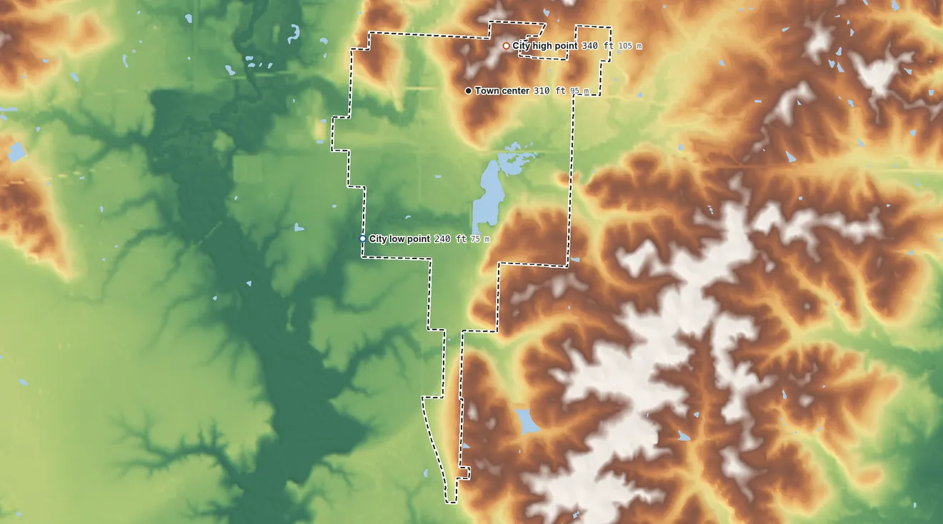 Topographic elevation map of Stamps, Arkansas, shaded from 240 ft on the southwest side to 340 ft on the northeast side