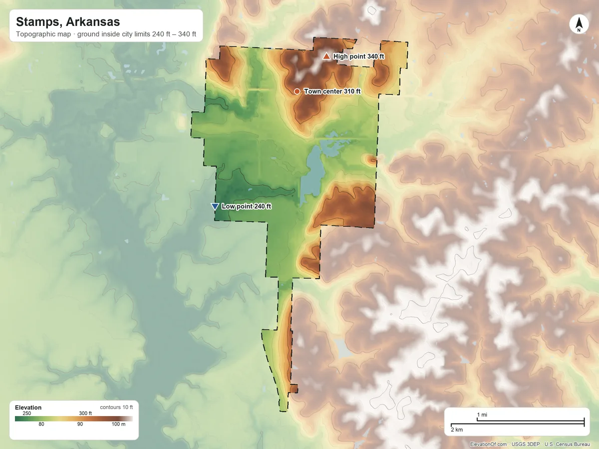 Topographic elevation map of Stamps, Arkansas, shaded from 240 ft on the southwest side to 340 ft on the northeast side