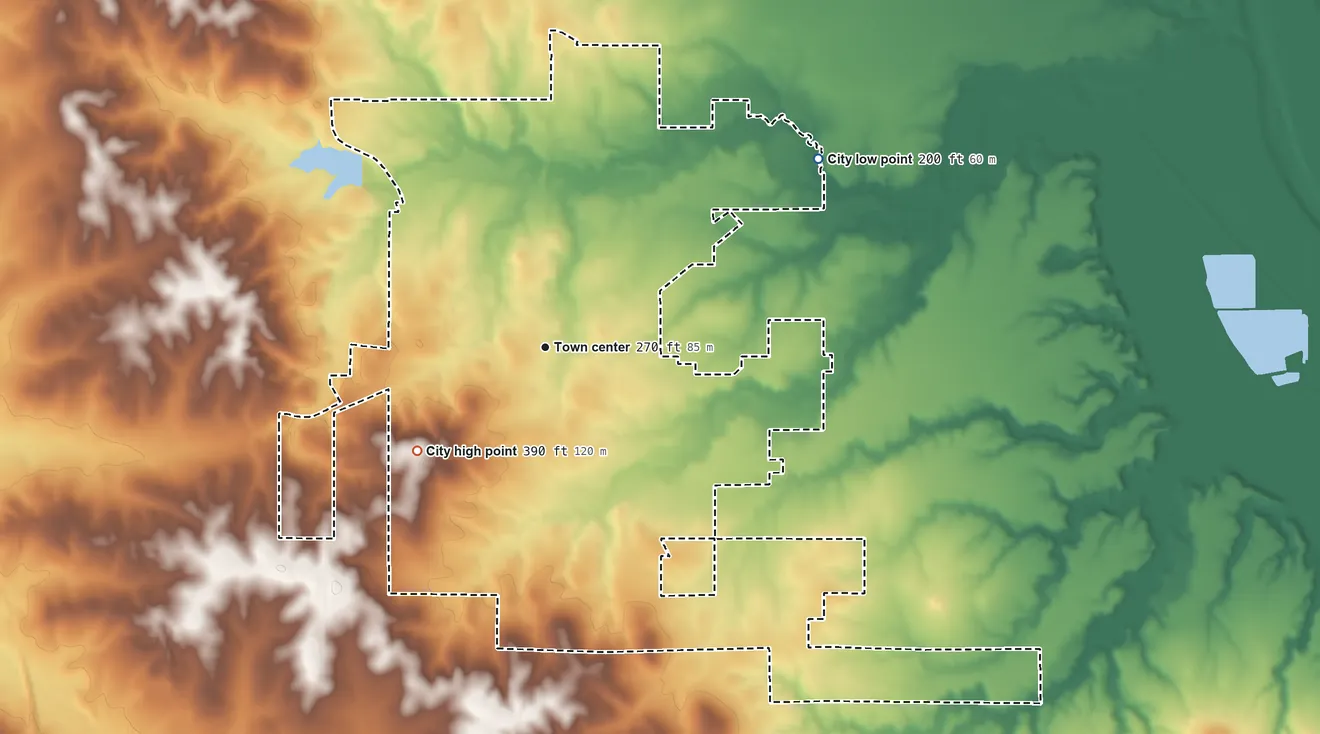 Topographic elevation map of Star City, Arkansas, shaded from 200 ft on the northeast side to 390 ft on the southwest side