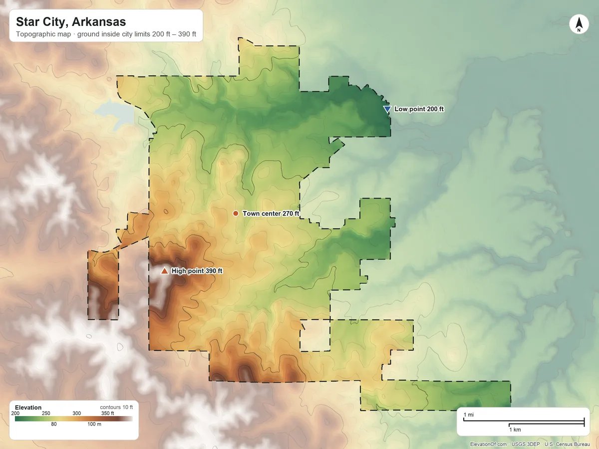 Topographic elevation map of Star City, Arkansas, shaded from 200 ft on the northeast side to 390 ft on the southwest side