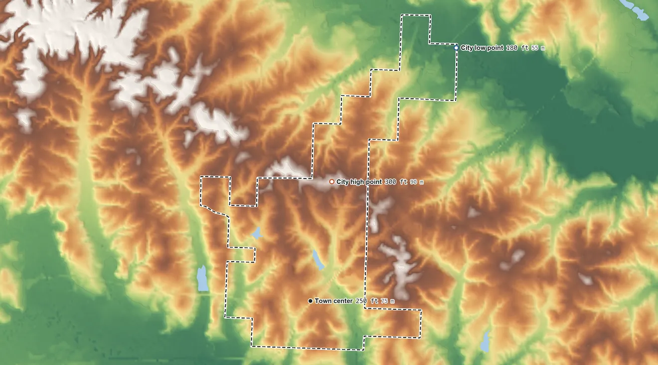 Topographic elevation map of Stephens, Arkansas, shaded from 180 ft on the northeast side to 300 ft on the north side
