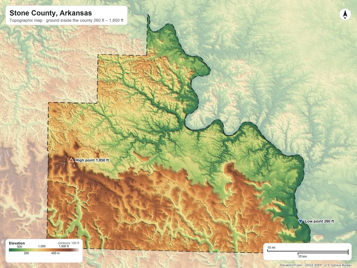 Topographic elevation map of Stone County, Arkansas, shaded from 260 ft on the southeast side to 1,850 ft on Strand Knob