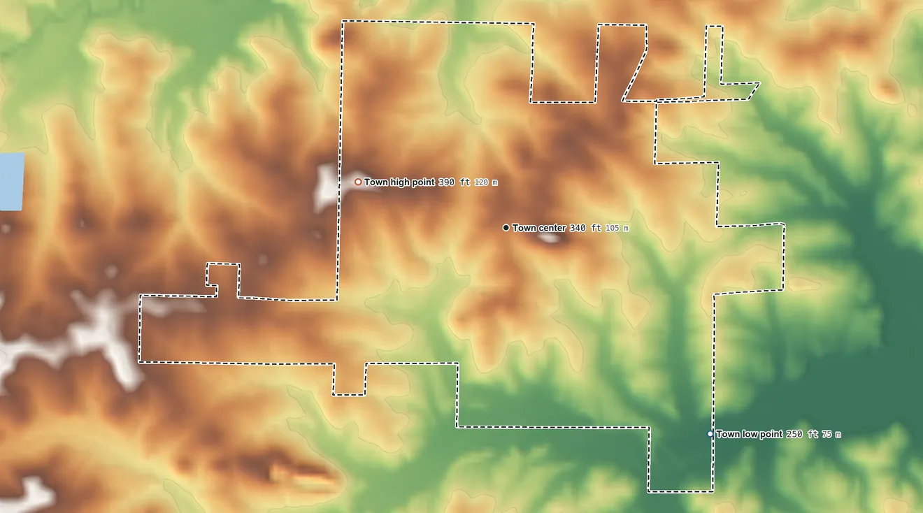 Topographic elevation map of Strawberry, Arkansas, shaded from 250 ft on the southeast side to 390 ft on the west side