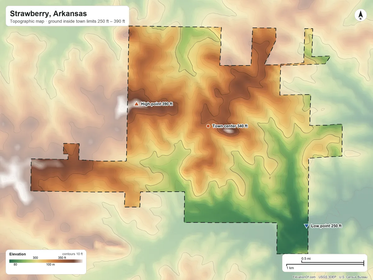 Topographic elevation map of Strawberry, Arkansas, shaded from 250 ft on the southeast side to 390 ft on the west side