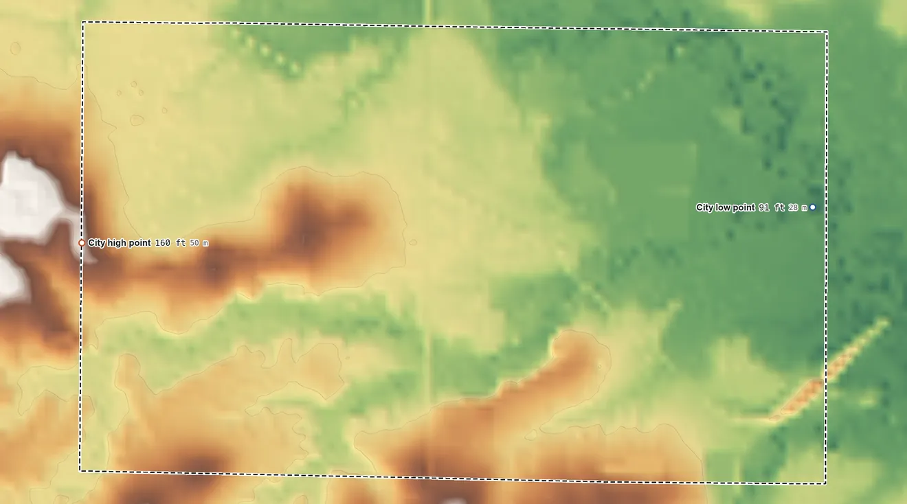 Topographic elevation map of Strong, Arkansas, shaded from 91 ft on the east side to 160 ft on the west side