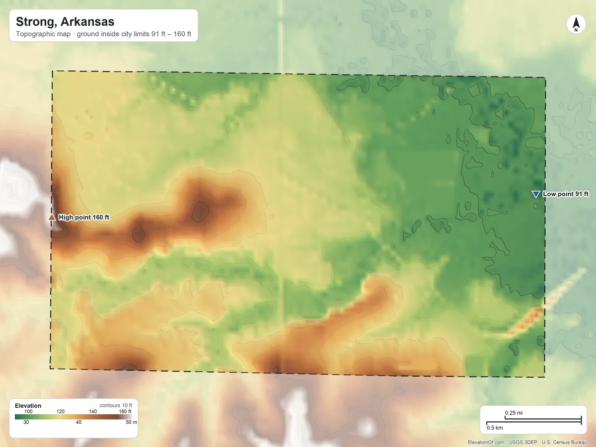Topographic elevation map of Strong, Arkansas, shaded from 91 ft on the east side to 160 ft on the west side