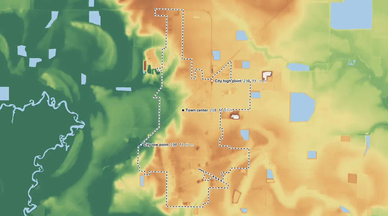 Topographic elevation map of Stuttgart, Arkansas, shaded from 190 ft on the southwest side to 230 ft on the northeast side