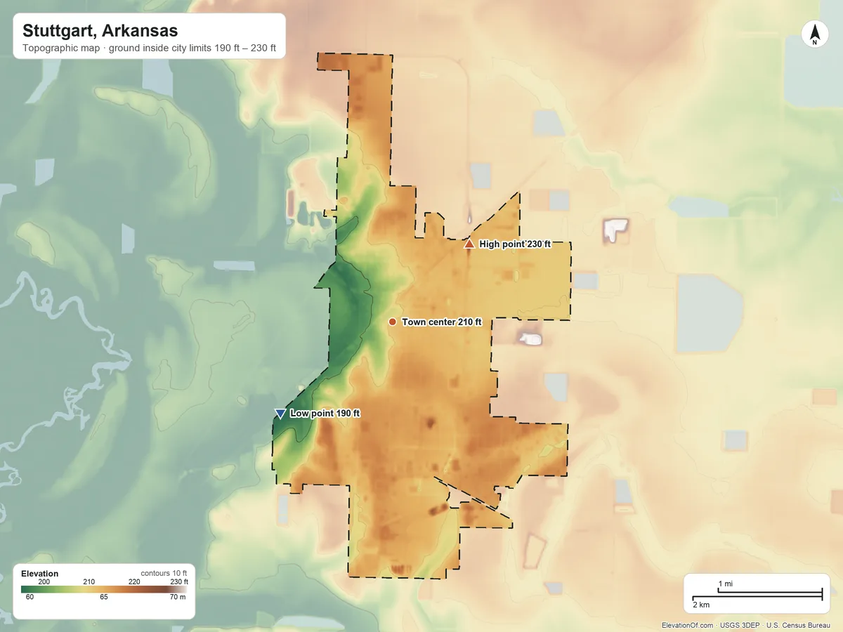 Topographic elevation map of Stuttgart, Arkansas, shaded from 190 ft on the southwest side to 230 ft on the northeast side
