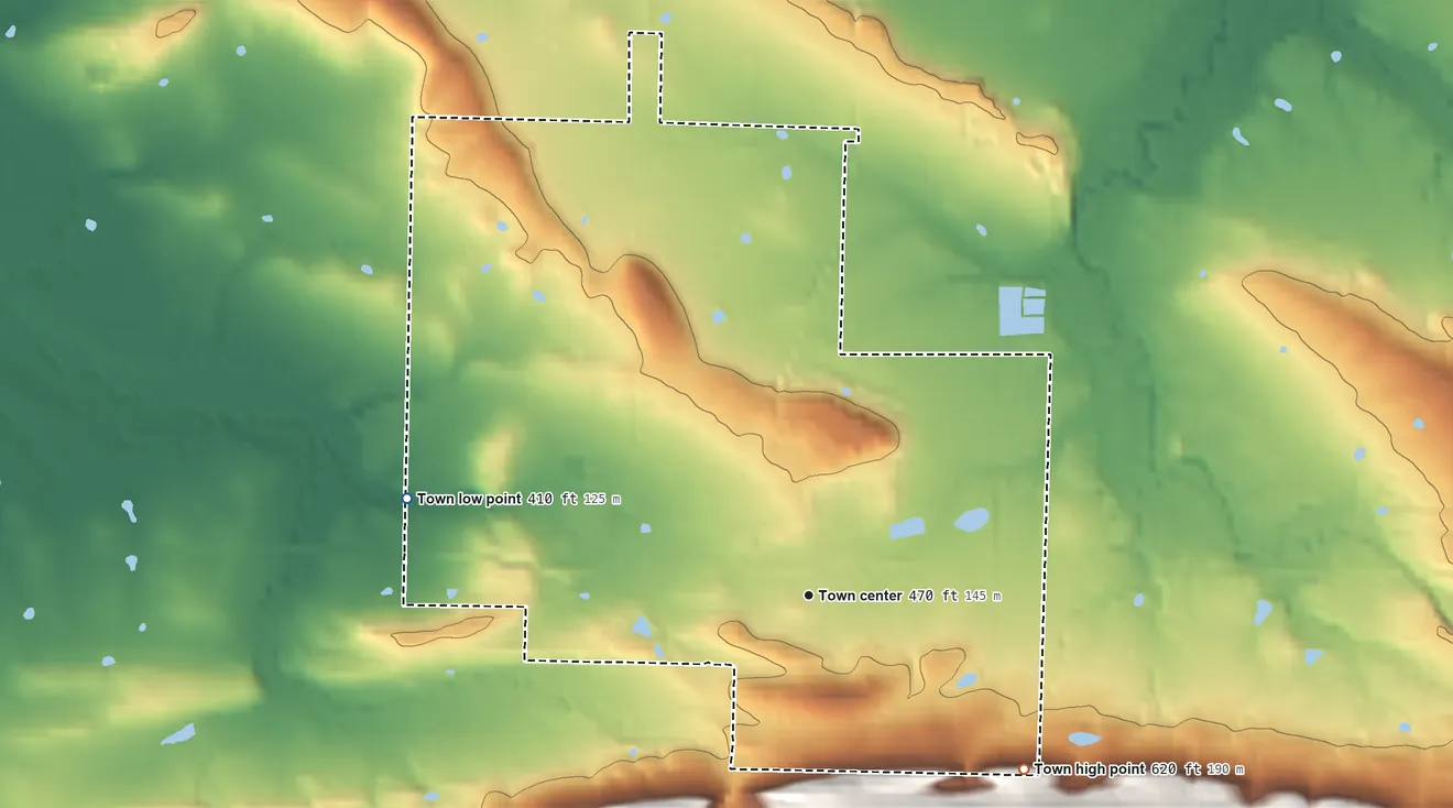 Topographic elevation map of Subiaco, Arkansas, shaded from 410 ft on the west side to 620 ft on the southeast edge, below higher ground just outside