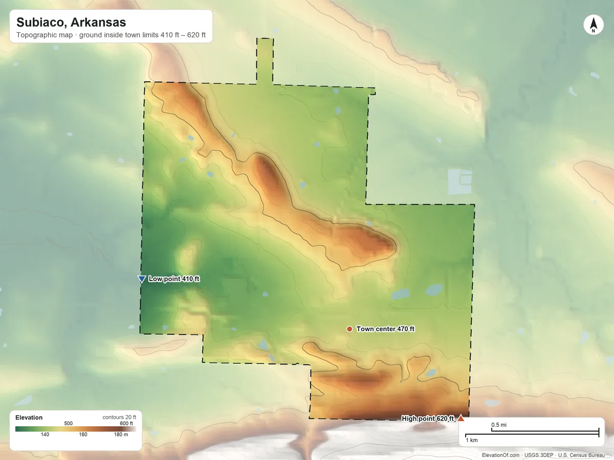Topographic elevation map of Subiaco, Arkansas, shaded from 410 ft on the west side to 620 ft on the southeast edge, below higher ground just outside