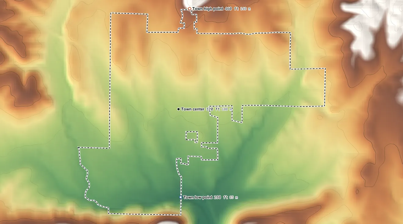 Topographic elevation map of Sulphur Rock, Arkansas, shaded from 280 ft on the south side to 460 ft on the north side