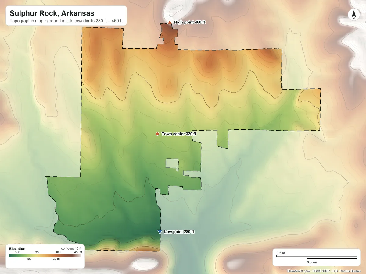 Topographic elevation map of Sulphur Rock, Arkansas, shaded from 280 ft on the south side to 460 ft on the north side