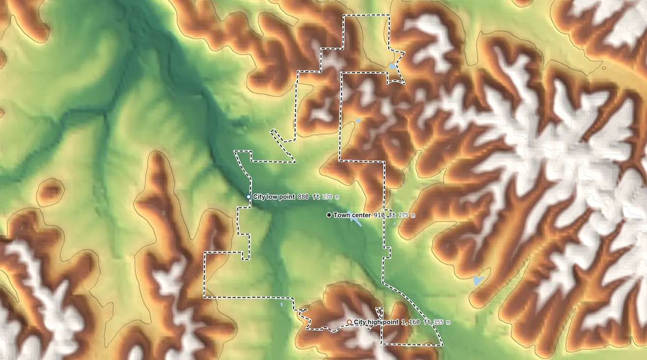 Topographic elevation map of City of Sulphur Springs, Arkansas, shaded from 880 ft on the west side to 1,160 ft on the south side