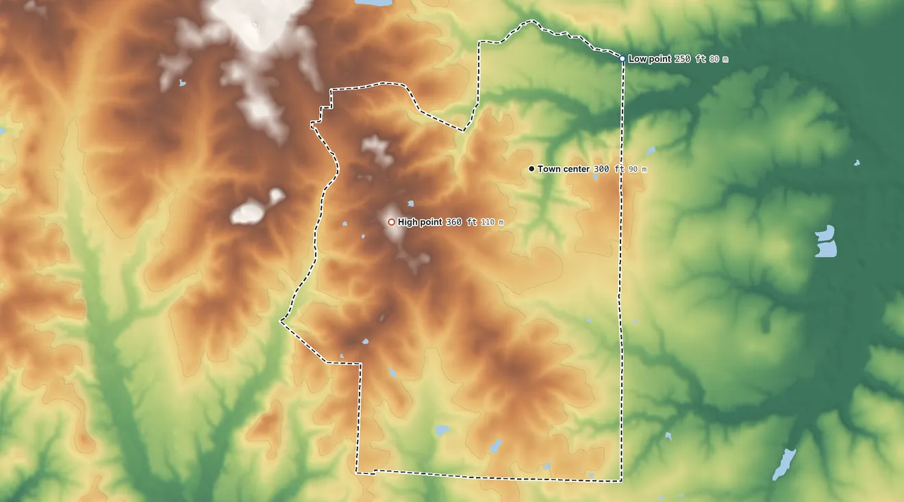 Topographic elevation map of Sulphur Springs, Arkansas, shaded from 250 ft on the northeast side to 360 ft on the west side