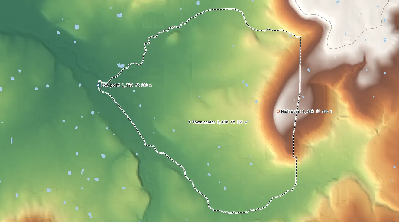 Topographic elevation map of Summers, Arkansas, shaded from 1,120 ft on the west side to 1,480 ft on the east side