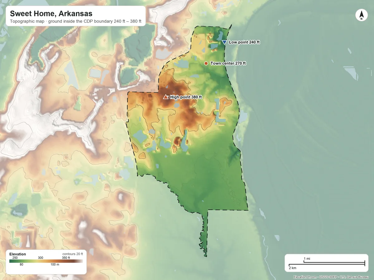 Topographic elevation map of Sweet Home, Arkansas, shaded from 240 ft on the northeast side to 380 ft on the southwest side
