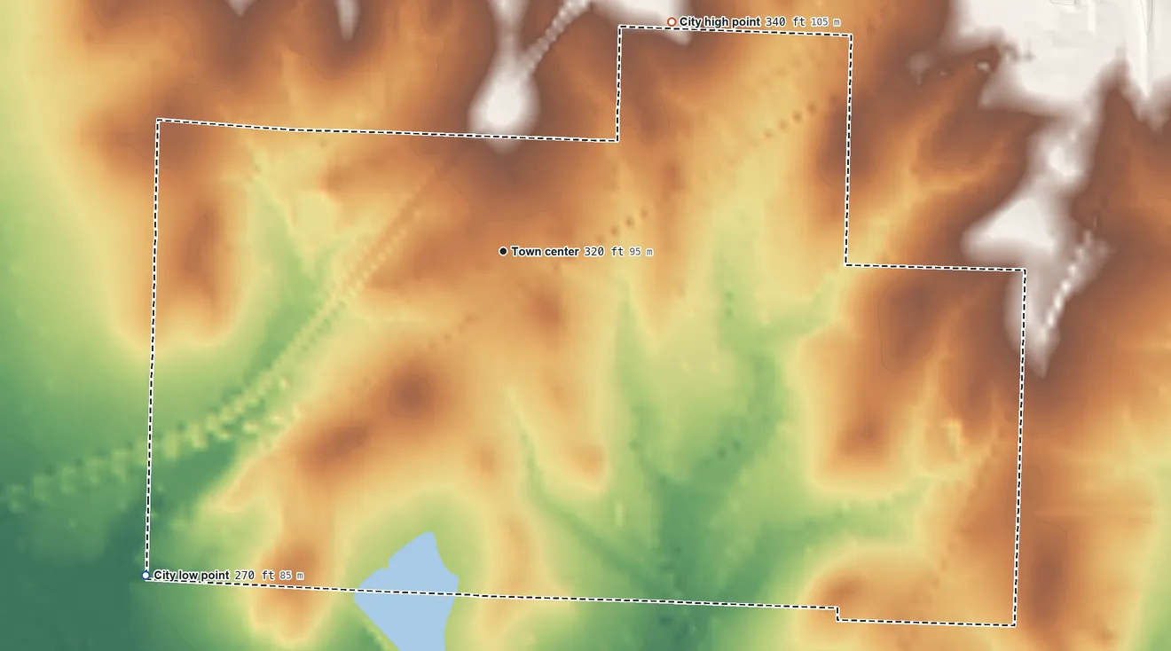Topographic elevation map of Thornton, Arkansas, shaded from 270 ft on the southwest side to 340 ft on the northeast side