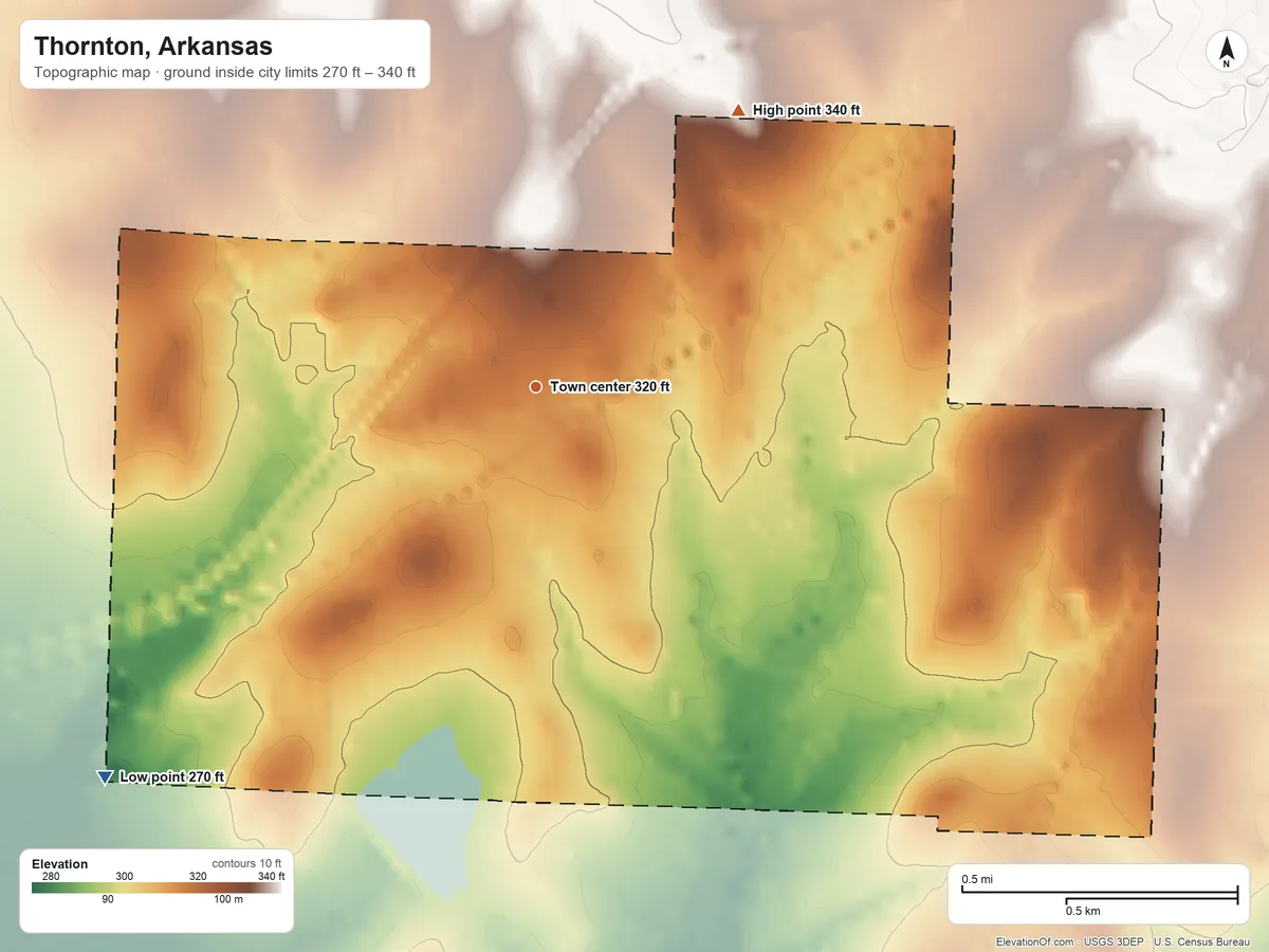 Topographic elevation map of Thornton, Arkansas, shaded from 270 ft on the southwest side to 340 ft on the northeast side