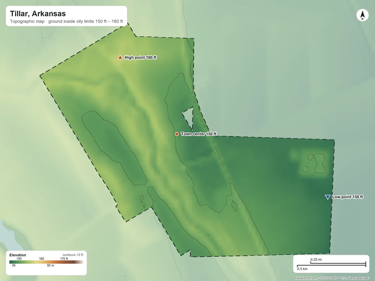 Topographic elevation map of Tillar, Arkansas, shaded from 150 ft on the southeast side to 160 ft on the northwest side