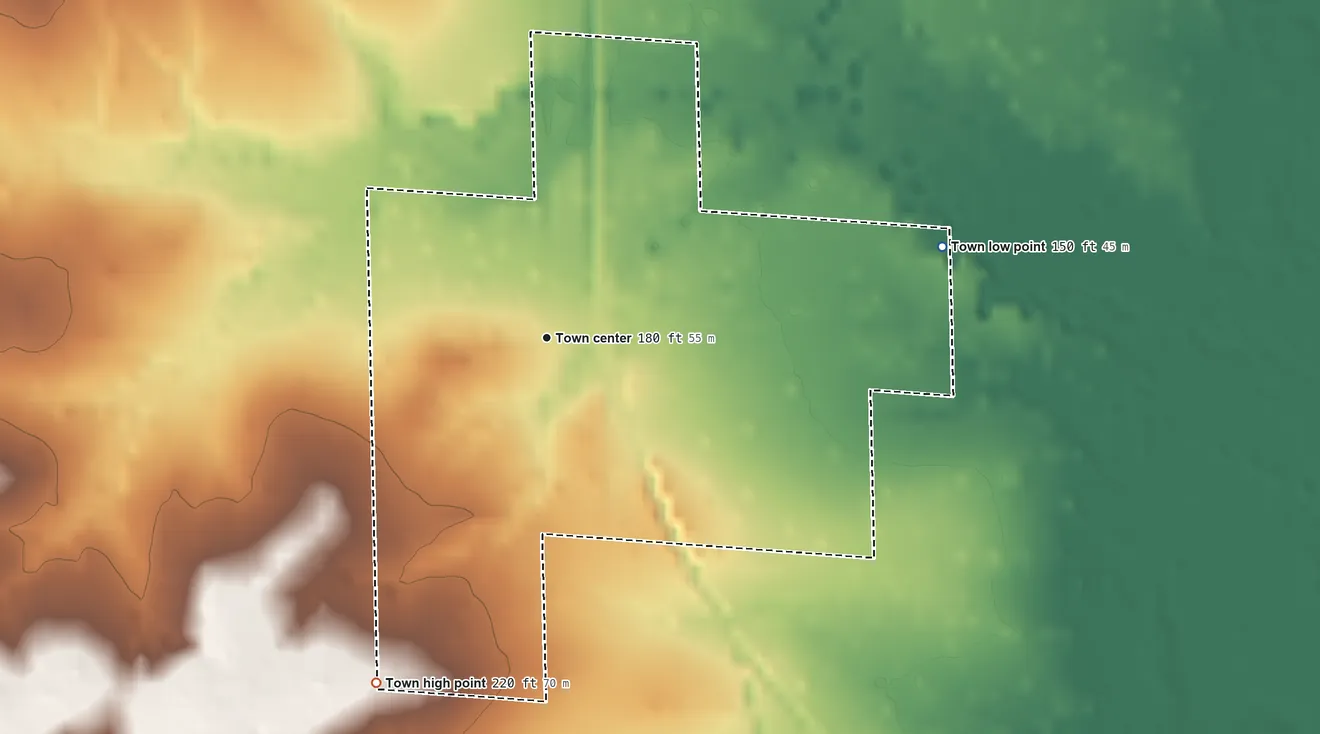 Topographic elevation map of Tinsman, Arkansas, shaded from 150 ft on the east side to 220 ft on the southwest side