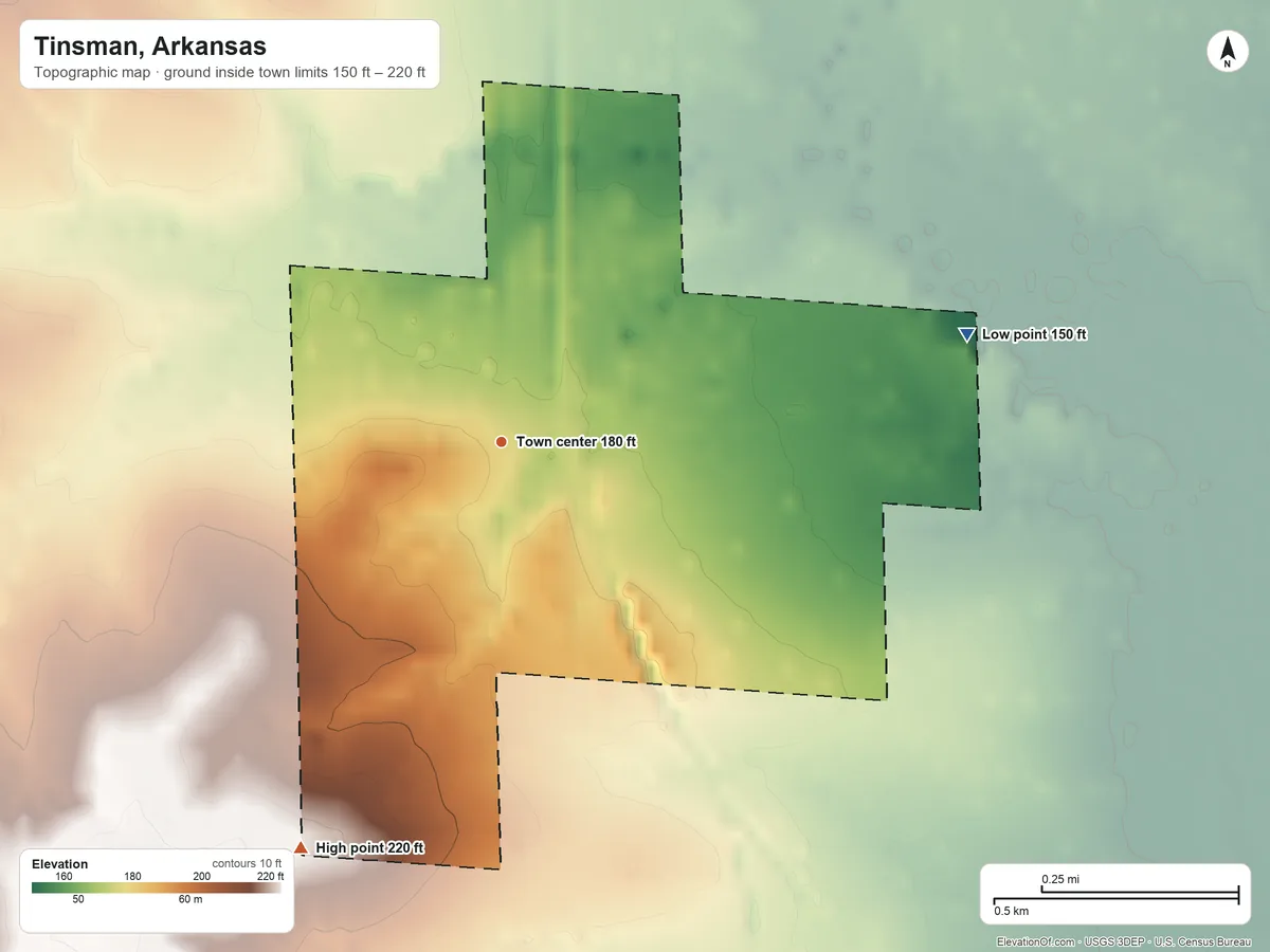 Topographic elevation map of Tinsman, Arkansas, shaded from 150 ft on the east side to 220 ft on the southwest side